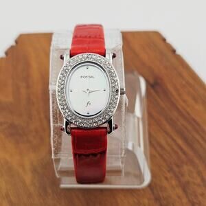 Fossil Women's Silver Crystal Oval Watch Red Leather Band Dressy Glam Evening